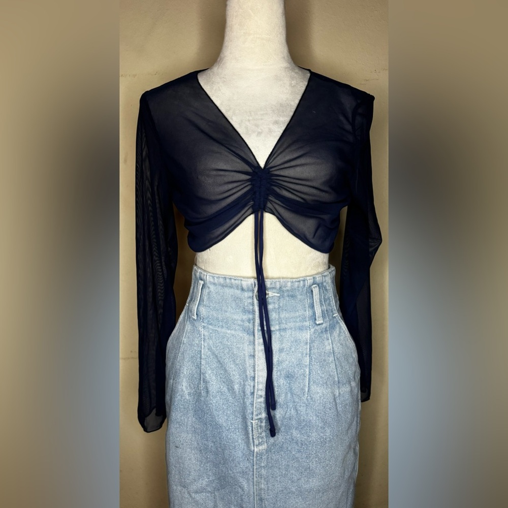Mesh Sheer long Sleeve Crop Top with ties underbust v neck fishnet ruched noir - Picture 6 of 8